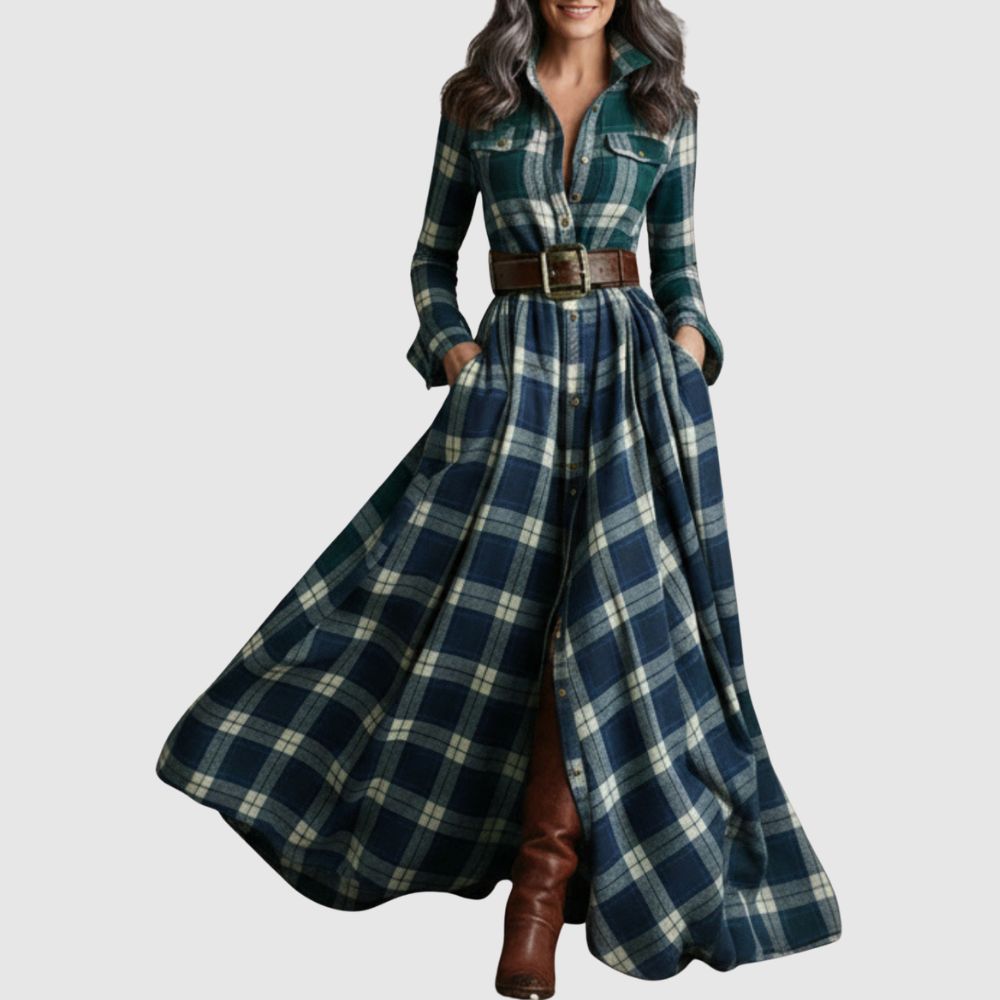 Zoé - Robe chemise à carreaux maxi