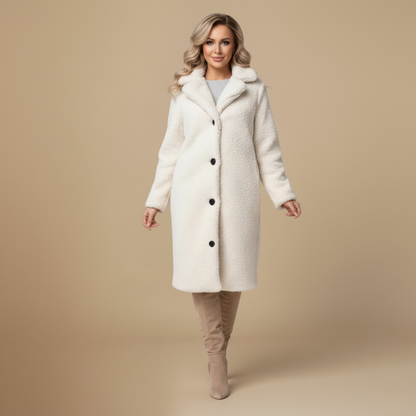 Angel Manteau Teddy Long Femme – Coupe Oversize Douce avec Col Revers & Fermeture Boutonnée