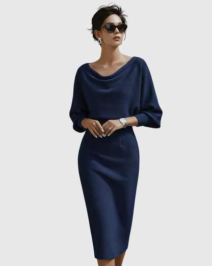 Women's Cowl Neck Batwing Sleeve Ribbed Midi Dress