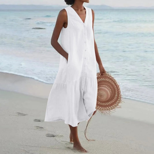 Damen V-Ausschnitt Kleid mit Knöpfen | Midi