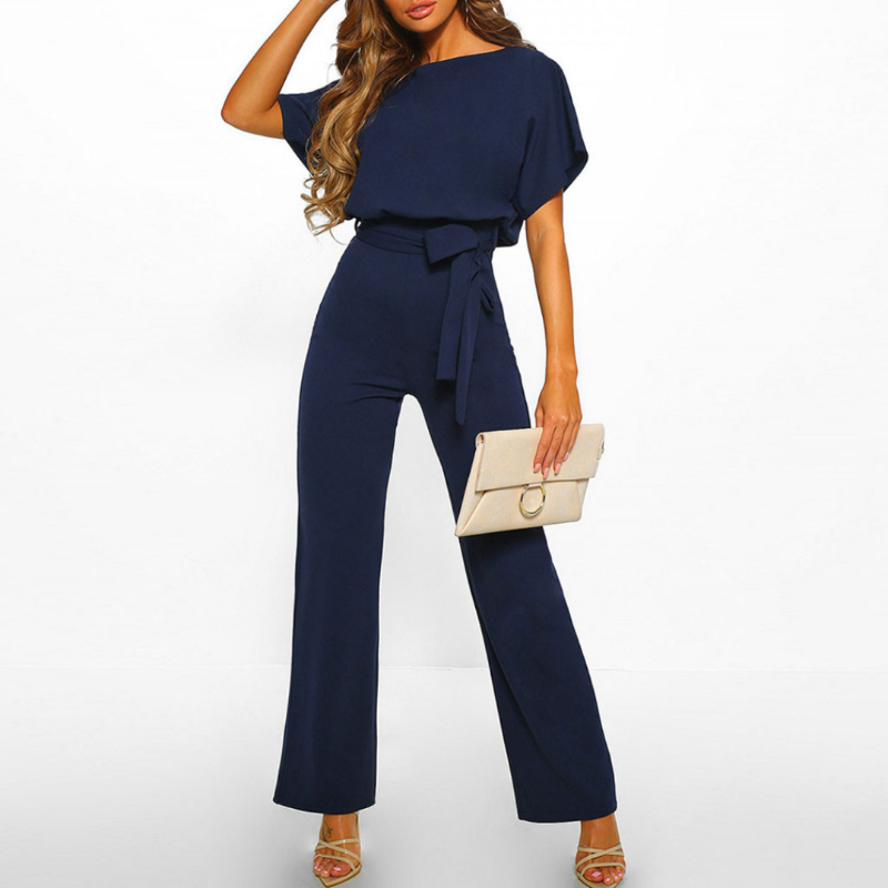 Women's Belted Wide Leg Jumpsuit Batwing Sleeve Elegant