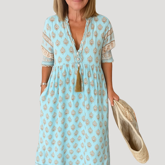 Elle | Women Beach Midi Dress V-Neck Tassel Tie 3/4 Sleeves All-Over Print