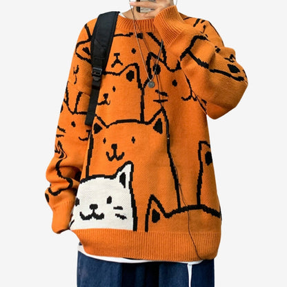 Jasper – Long Sleeve Cat Print Sweater With Round Neck