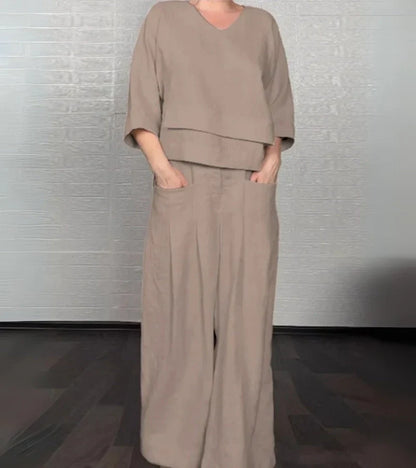 Sonja | Elegant women's outfit with asymmetric top and wide-leg trousers