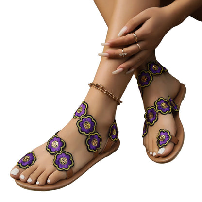 Ethnic Style Flowers Flat Sandals Casual Clip Toe Beach Shoes For Women