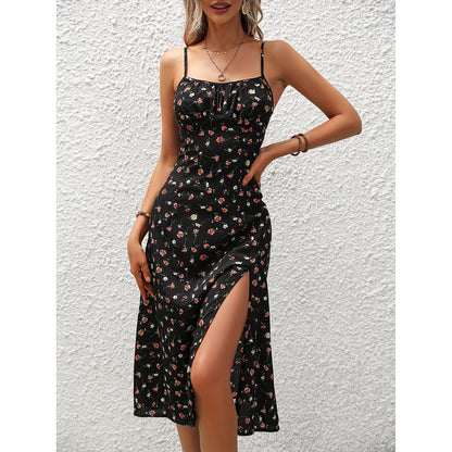 Robe Midi à Pois avec Fente Femme – Robe d’Été Élégante Sans Manches