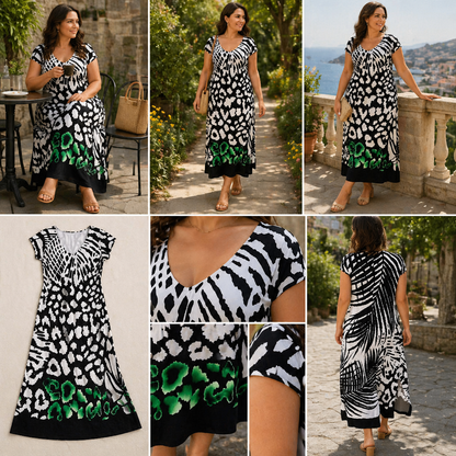 LuminaFlow™ – Breezy V-Neck Midi Dress Featuring Mixed Animal Prints