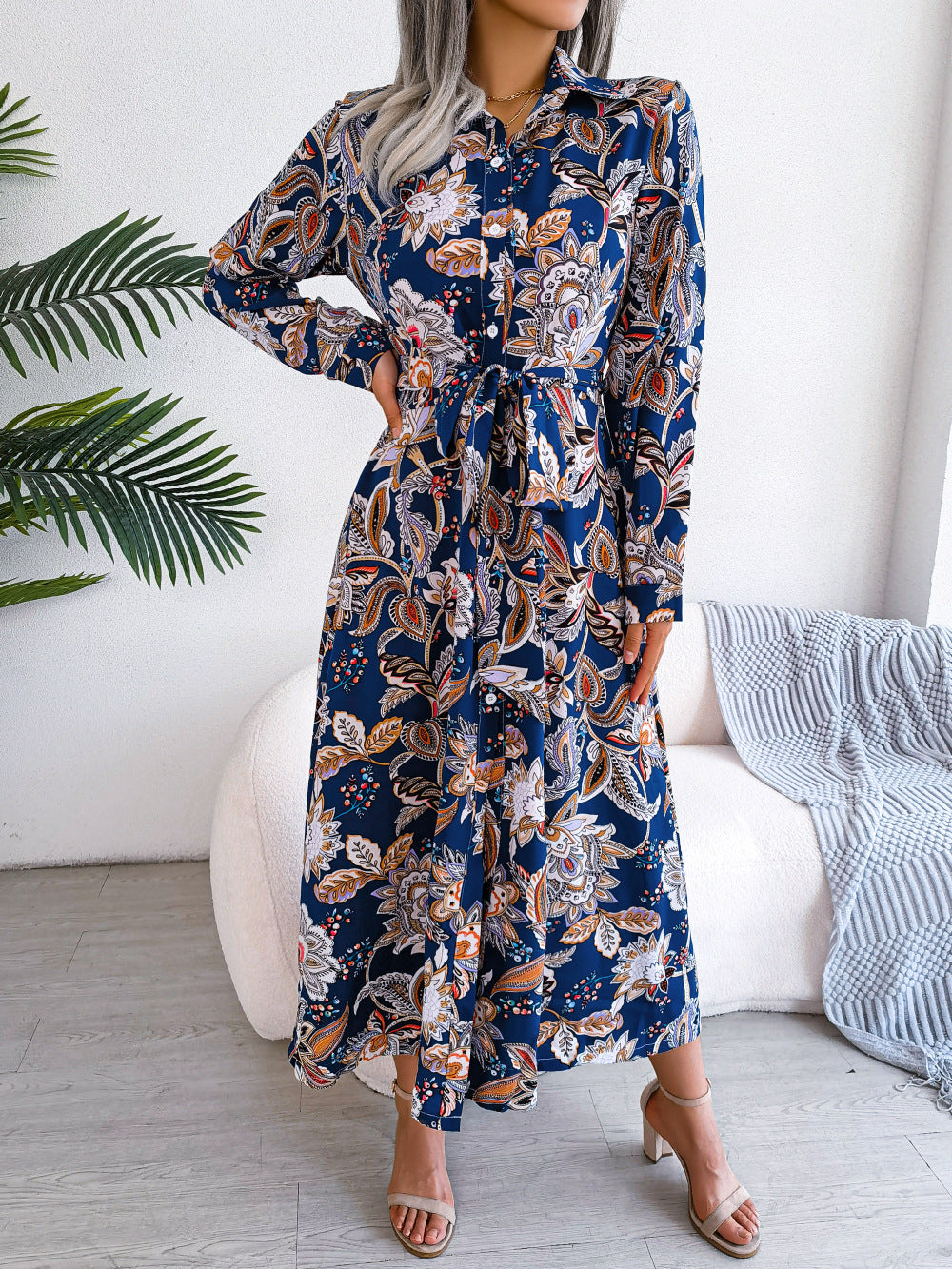 Women  Vintage Floral Print Lapel Tie Waist Shirt Maxi Dress