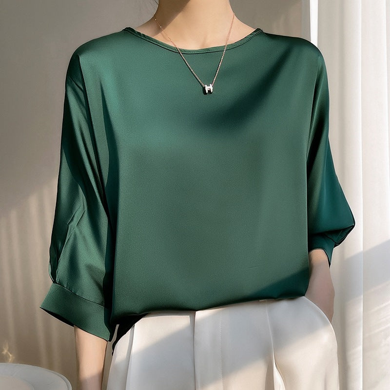 Women's Satin Ice Silk Short Sleeve Blouse – Lightweight Round Neck Top