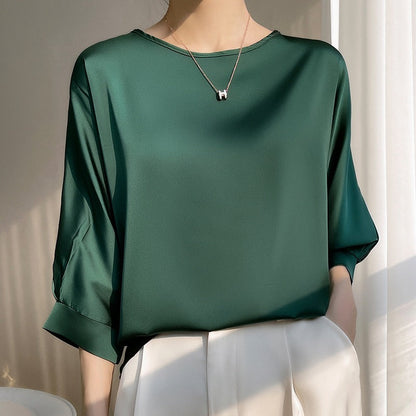 Women's Satin Ice Silk Short Sleeve Blouse – Lightweight Round Neck Top