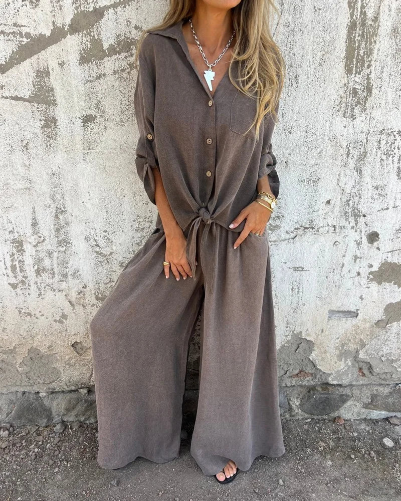 Ensemble Deux-Pièces Femme Décontracté et Tendance – Chemise à Manches et Pantalon Large Confortable