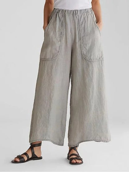 Women's Wide Leg Linen Trousers Loose Fit Lightweight Elastic Waist Pants