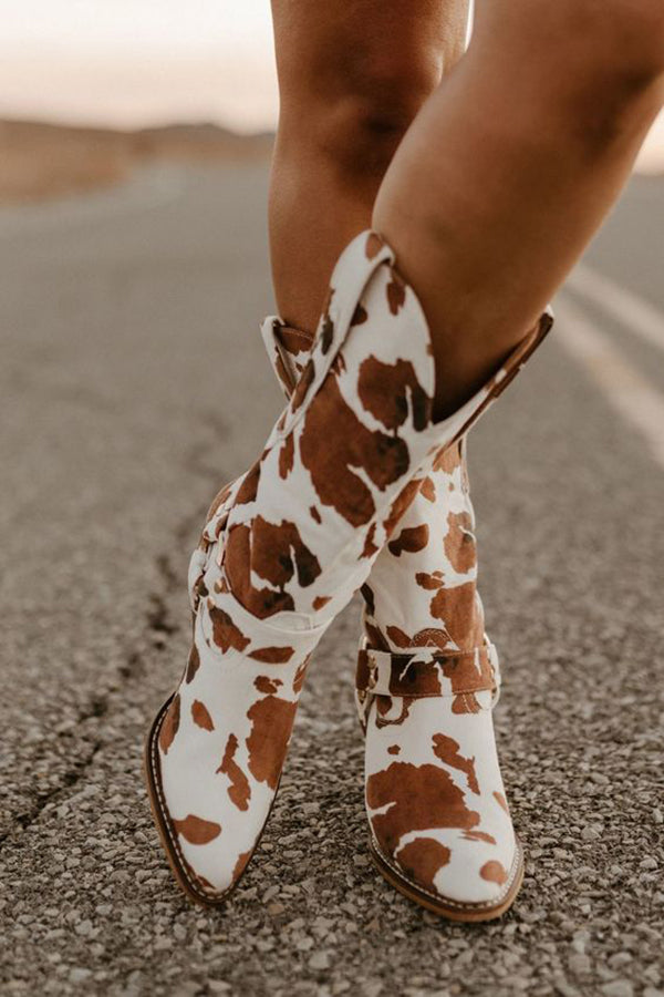 Leather Cow Print Western Boots Spring Fashion Harness Ankle Boots