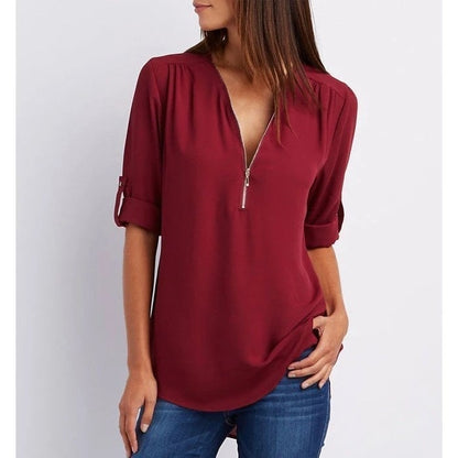 Women's Zip-Up V-Neck Half Sleeve Casual Blouse Top