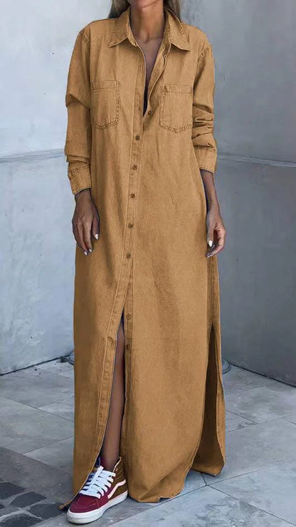 Vallina - Denim Manica Lunga Abito Con Risvolto