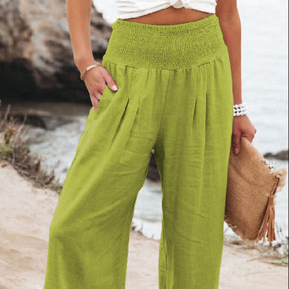 Damenhose aus Leinenmischung mit Smokarbeit und Taschen