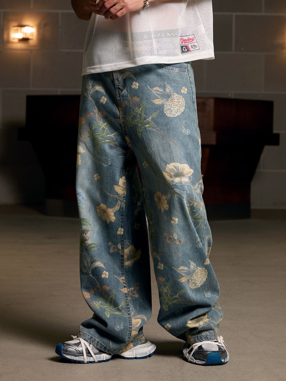 Floral Print Denim Carpenter Jeans