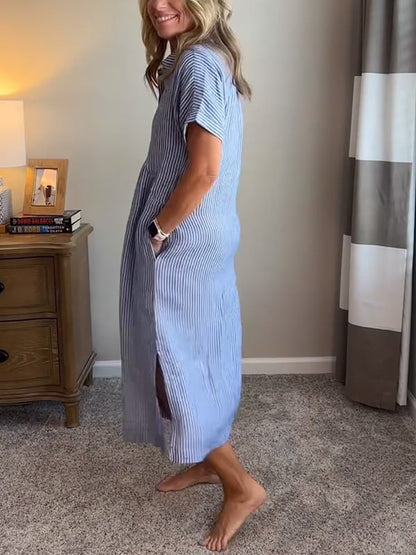 Robe Chemise Rayée Longue Coupe Fluide Avec Boutonnage Confort Quotidien