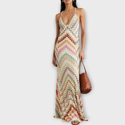 Buntes Fischgrätmuster Maxikleid – Strickkleid für Damen