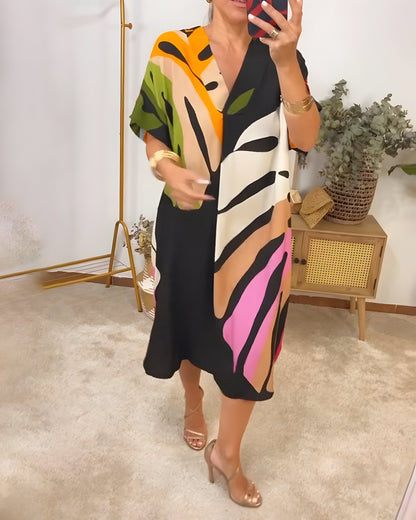 Robe Femme Imprimé Feuillage Coupe Ample Col V Style Décontracté
