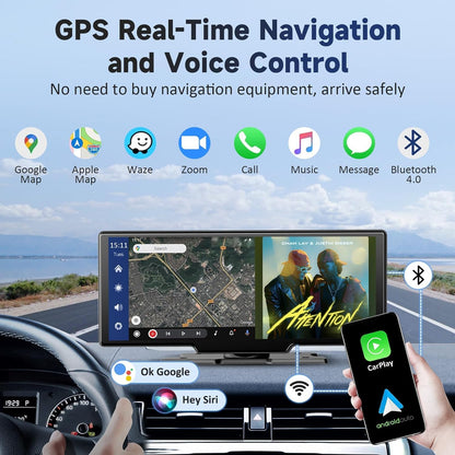 DashSight® Duo by JV Auto – Dash Cam, Rear Cam, & Touch Screen Infotainment System | 4K UHD Front & 1080P FHD Rearview Camera | Wireless & Wired Apple CarPlay & Android Auto