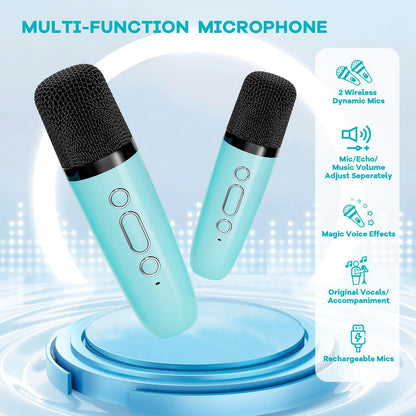 Hordozható Mini Karaoke Gépe Bluetooth Hangszóróval és 2 Vezeték nélküli Mikrofonnal – Veylo