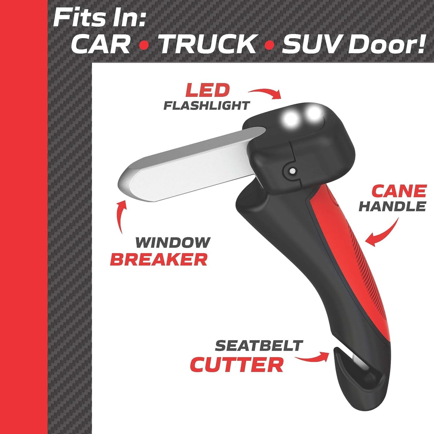 CarCane® - Made in the USA by JesseVance NY: Portable Safety Door Handle Bar with Flashlight, Seatbelt Cutter, & Window Breaker