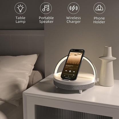 Skënladda - Luxe Wood Design Wireless Charger with LED Lamp & Bluetooth Speaker | Fast 15W Charging | Touch-Controlled Ambiance & HQ Sound - Made in Sweden with ❤️