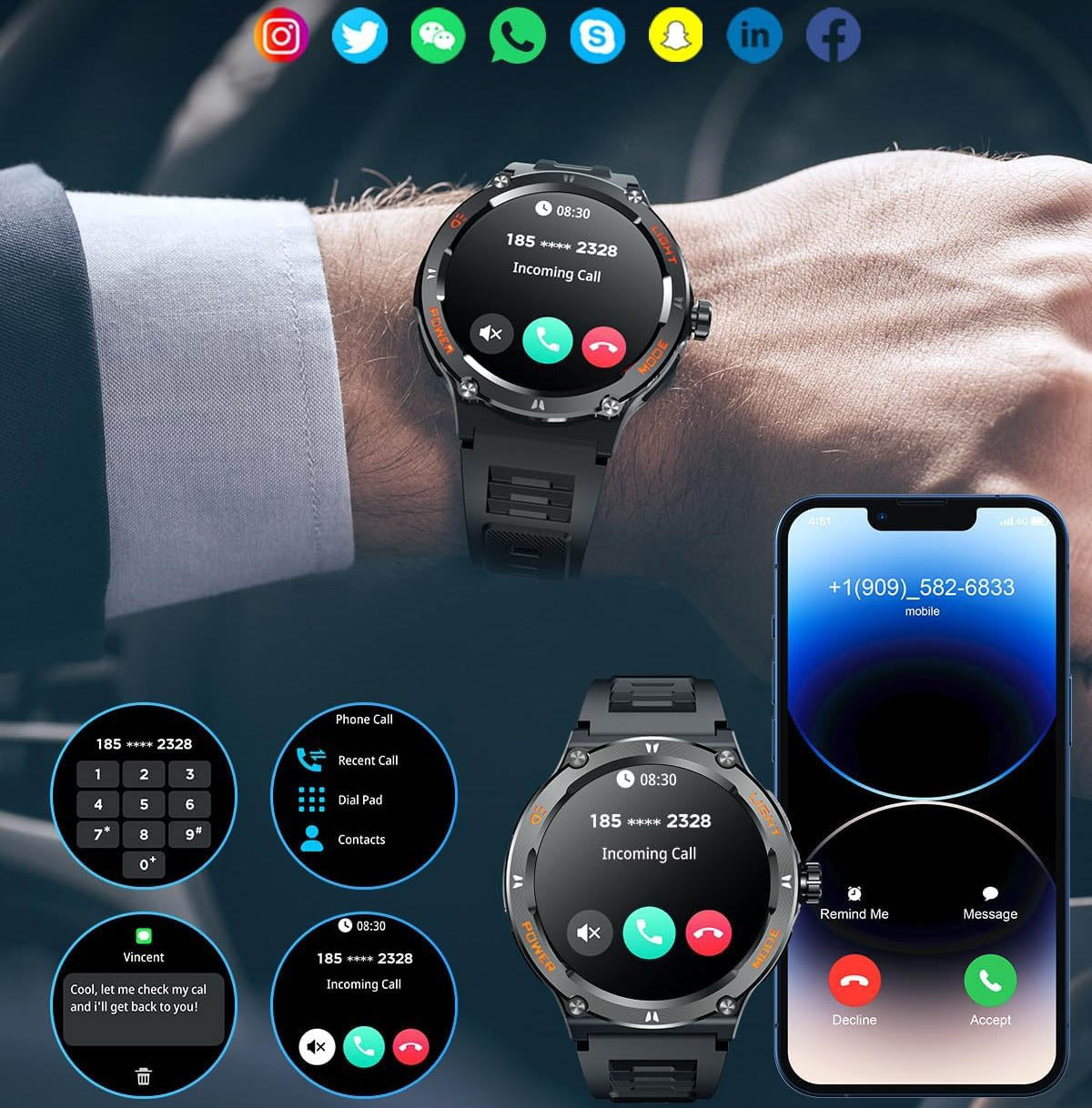 Smartwatch til Mænd med HD Skærm, LED Lys og Boussole