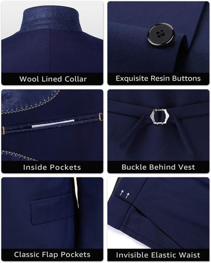 Dunkelblauer Herrenanzug mit Wollkragen, Harzknöpfen, Innentaschen und klassischem Design.