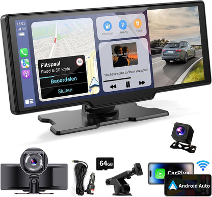 DashSight® Duo by JV Auto – Dash Cam, Rear Cam, & Touch Screen Infotainment System | 4K UHD Front & 1080P FHD Rearview Camera | Wireless & Wired Apple CarPlay & Android Auto