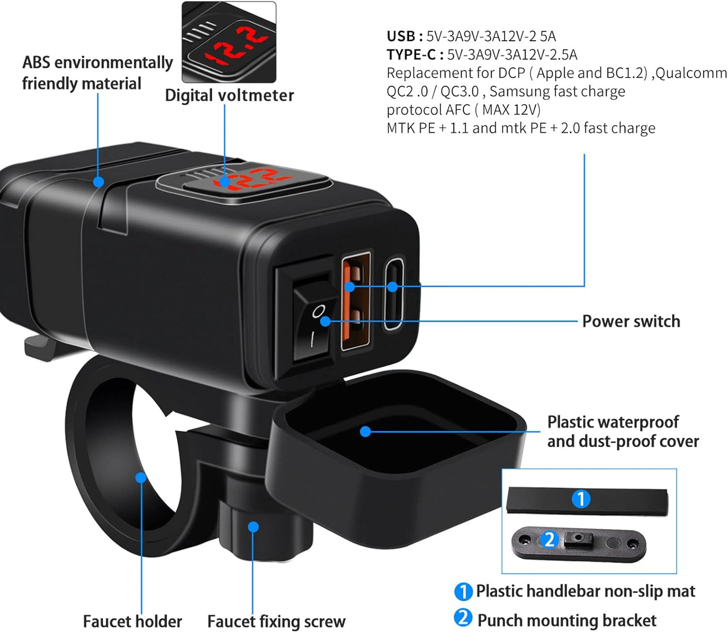 Motorfiets USB & Type-C Snellader met Voltmeter – Drayvik