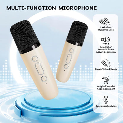 Hordozható Mini Karaoke Gépe Bluetooth Hangszóróval és 2 Vezeték nélküli Mikrofonnal – Veylo