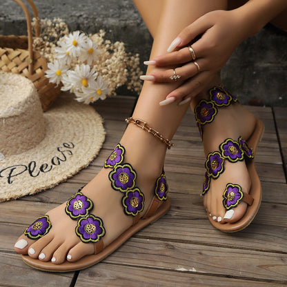 Ethnic Style Flowers Flat Sandals Casual Clip Toe Beach Shoes For Women