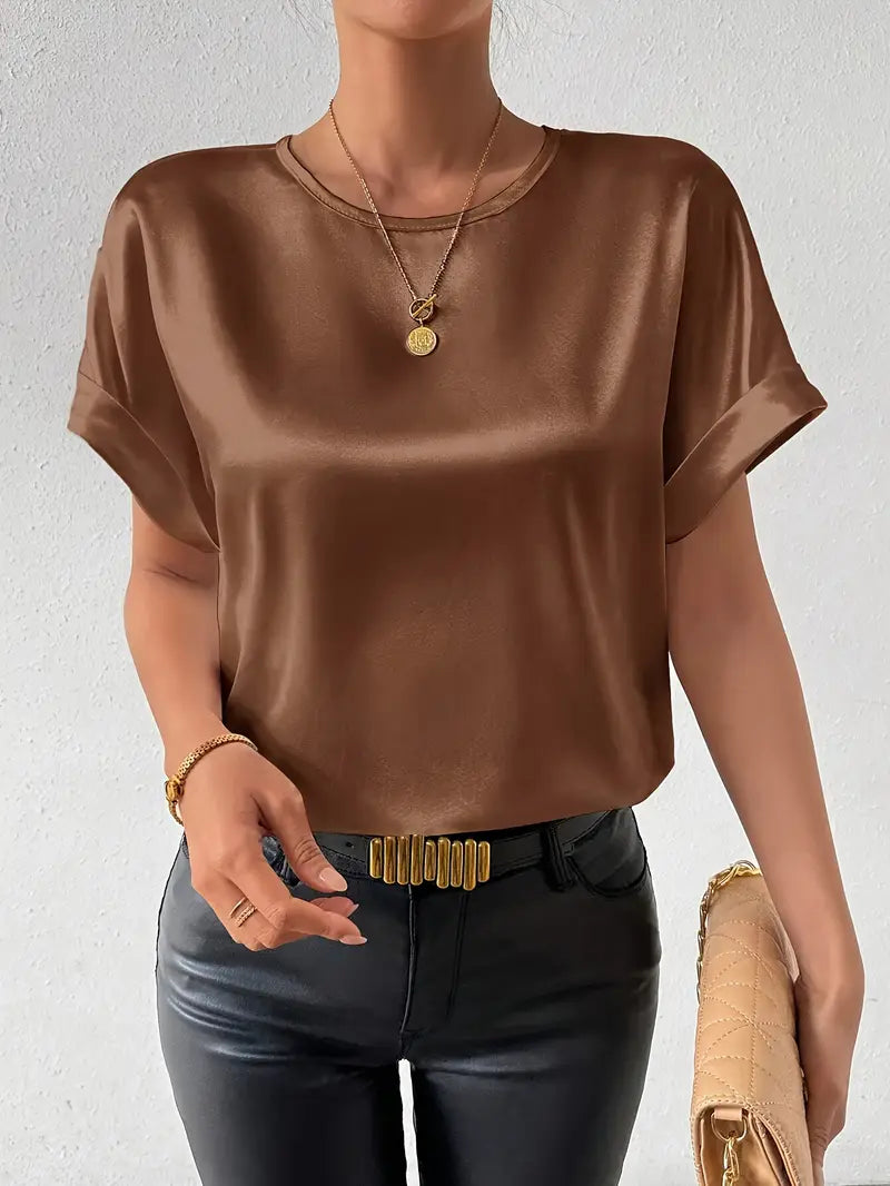 Valkirra - T shirt en satin à manches courtes roulées et encolure ronde
