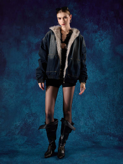Washed Cotton Fur Hooded Jacket