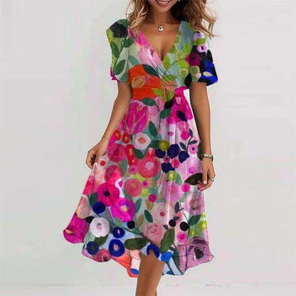 Robe Midi Femme Cache-Cœur à Fleurs – Style A-Line à Manches Courtes
