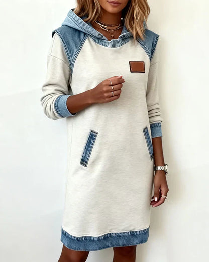 Hooded Sweatshirt Women Fleece Dress Denim Trim Hoodie