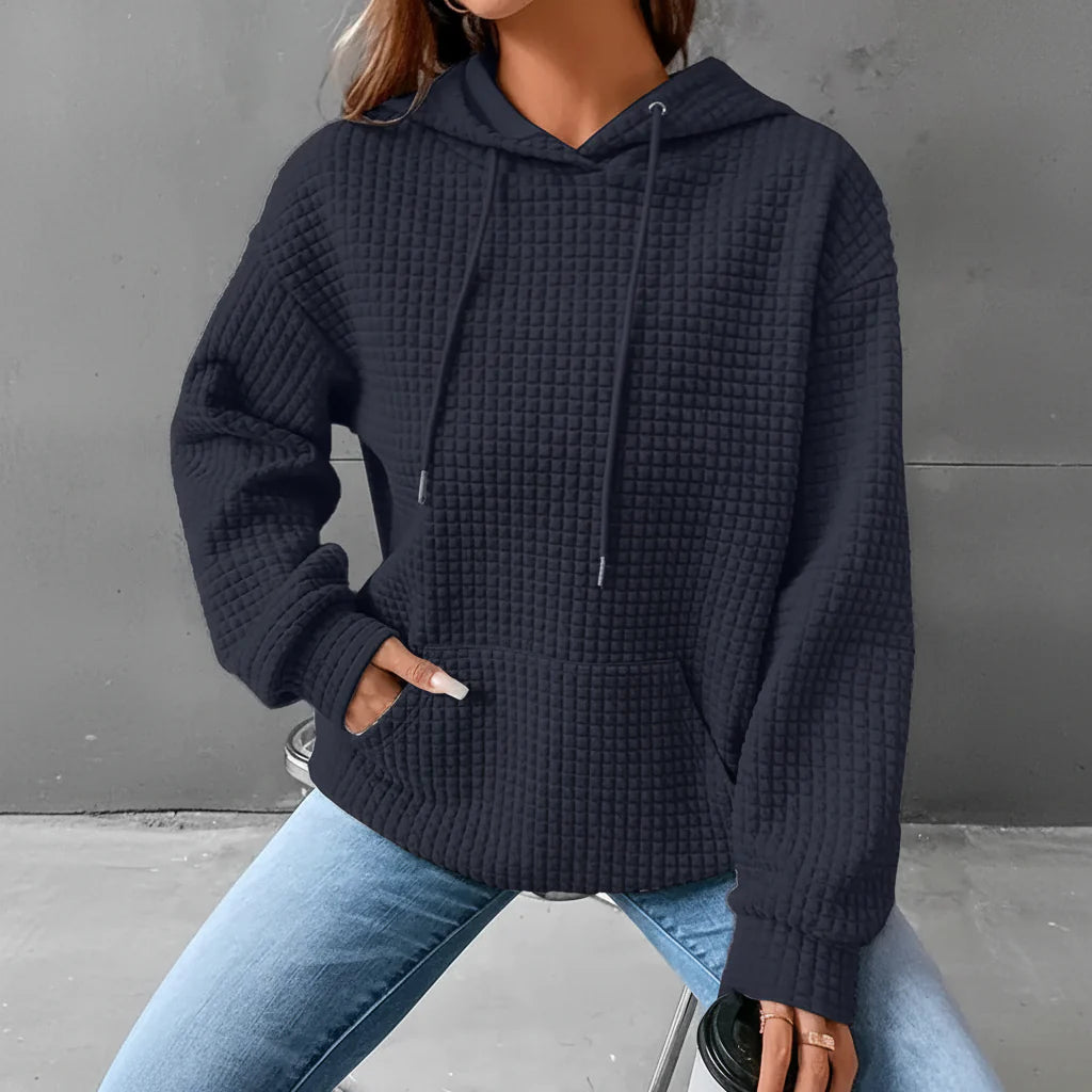 Waffle Grid Kangaroo Pocket Drawstring Hoodies Sweatshirt