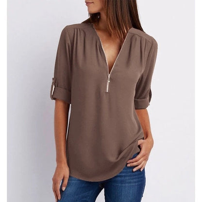 Women's Zip-Up V-Neck Half Sleeve Casual Blouse Top