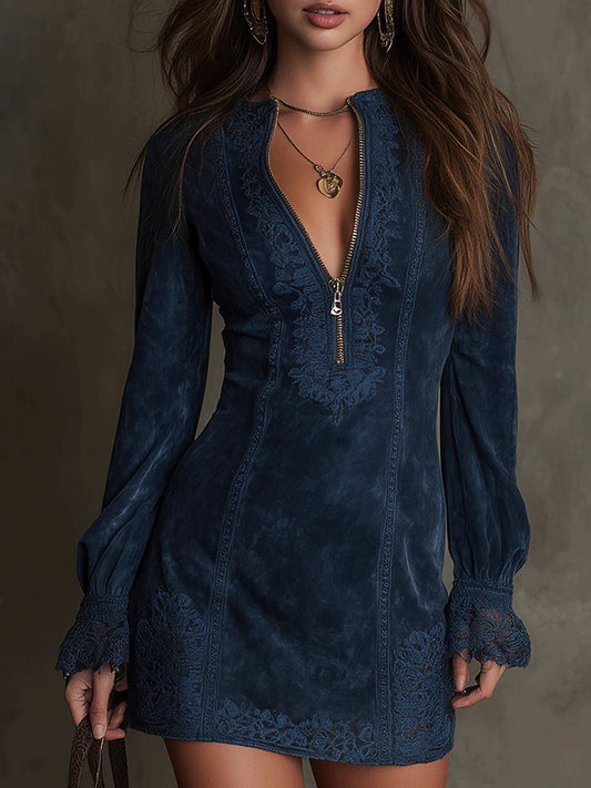 Deliane | Figure-Hugging Suede Dress with Delicate Lace