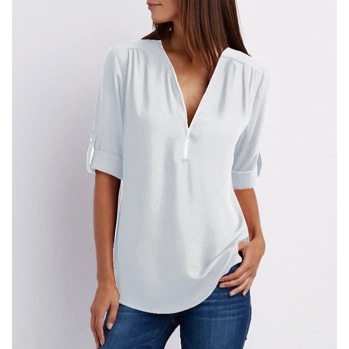 Women's Zip-Up V-Neck Half Sleeve Casual Blouse Top