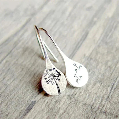 Minimalist Teardrop Earrings with Etched Botanical Dandelion Designs
