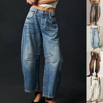 Jean Barrel Large Jambe Large Taille Moyenne Stretch Femme – Denim Décontracté Baggy