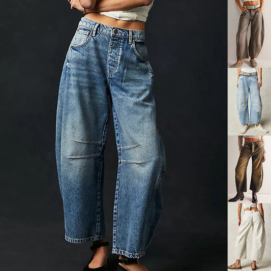 Jean Barrel Large Jambe Large Taille Moyenne Stretch Femme – Denim Décontracté Baggy
