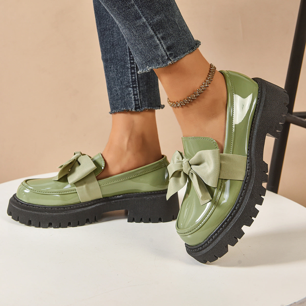 Women's Vintage Bow-Tie Loafer Shoes | Chunky Heel Slip-On