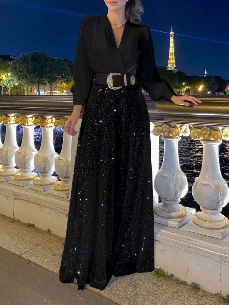 Chelsea | Elegante Langarmshirt mit Pailletten-Palazzo-Hose