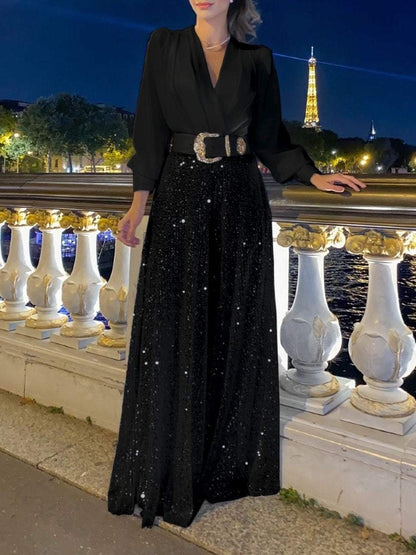 Chelsea | Elegante Langarmshirt mit Pailletten-Palazzo-Hose