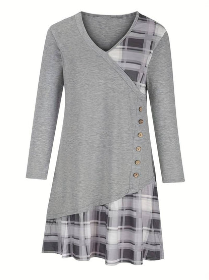Alinor - Lässiges Kariertes Patchwork Kleid Mit Langen Ärmeln