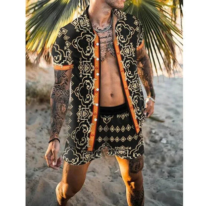 Men’s Summer Two Piece Set Printed Shirt and Shorts Lightweight Breathable Holiday Outfit
